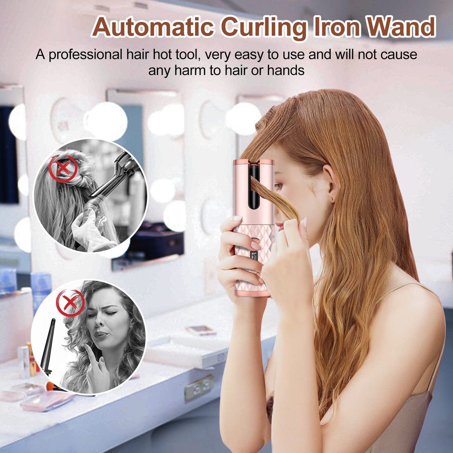 Rechargeable Portable Automatic Ceramic Hair Curler with LCD Display