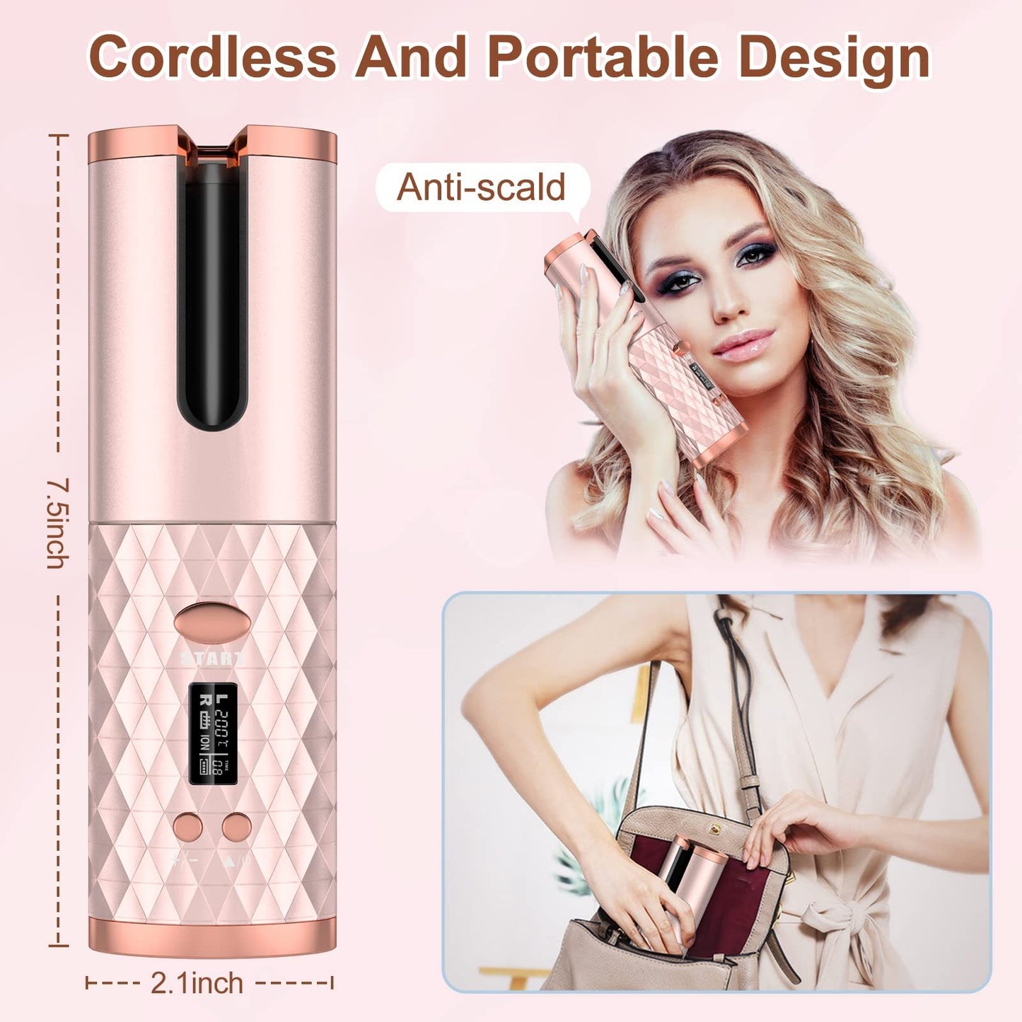 Rechargeable Portable Automatic Ceramic Hair Curler with LCD Display